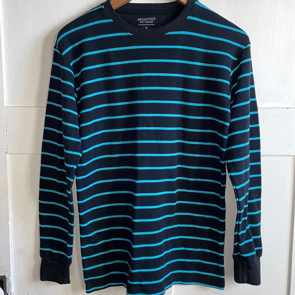 Architect Jeans Co Black Blue Striped Waffle Long Sleeve Crewneck Shirt